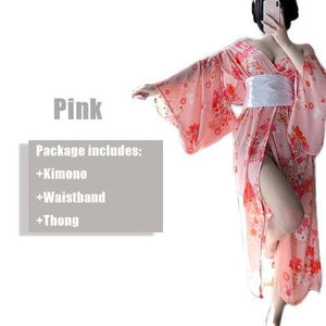 Kawaii Pink Kimono With White Bow-knot Waistband And Thong Sexy Maid Cosplay Costume MK178 - KawaiiMoriStore