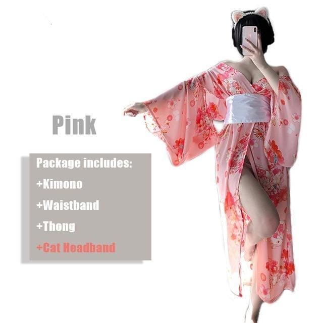 Kawaii Pink Kimono With White Bow-knot Waistband And Thong Sexy Maid Cosplay Costume MK178 - KawaiiMoriStore