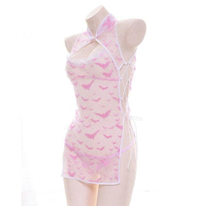 Sexy Lolita Pink Transparent Cheongsam Pajamas Lace Nets yarn Ultra-thin Nightdress MK082 - KawaiiMoriStore