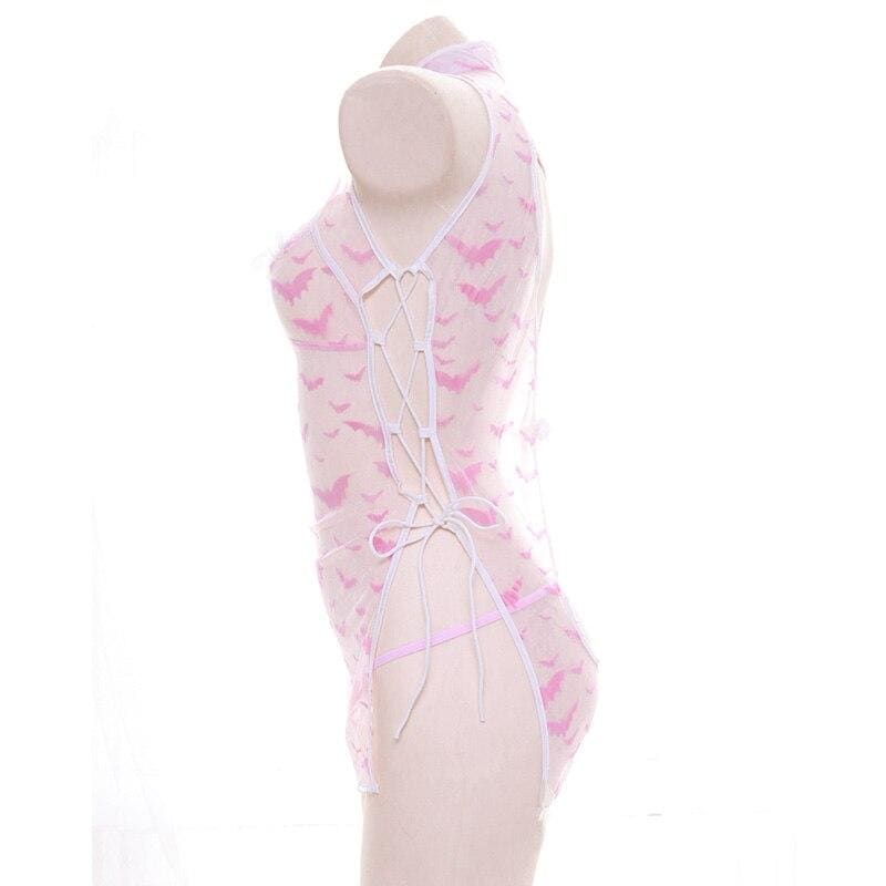 Sexy Lolita Pink Transparent Cheongsam Pajamas Lace Nets yarn Ultra-thin Nightdress MK082 - KawaiiMoriStore