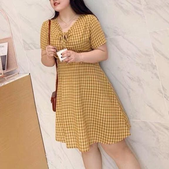Kawaii Plus Size Yellow V-neck Plaid Summer Dress MM1604 - KawaiiMoriStore