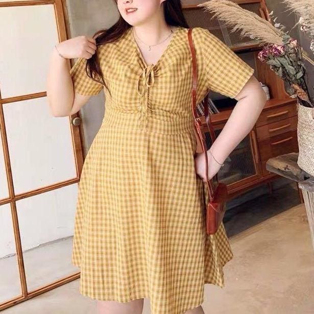 Kawaii Plus Size Yellow V-neck Plaid Summer Dress MM1604 - KawaiiMoriStore