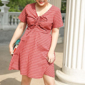 Kawaii Plus Size Yellow V-neck Plaid Summer Dress MM1604 - KawaiiMoriStore