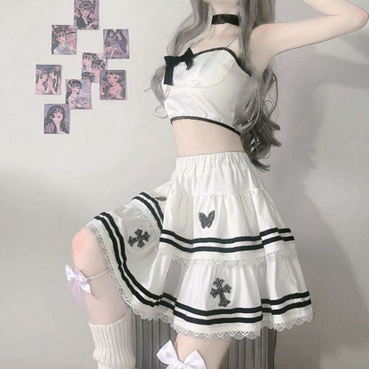 Kawaii Soft Girl Black Bow White Top Cross Butterfly Skirt 