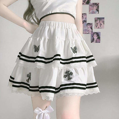 Kawaii Soft Girl Black Bow White Top Cross Butterfly Skirt 