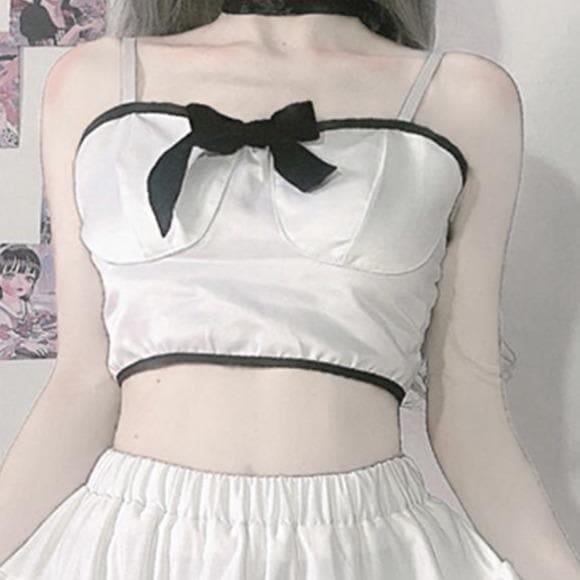 Kawaii Soft Girl Black Bow White Top Cross Butterfly Skirt 