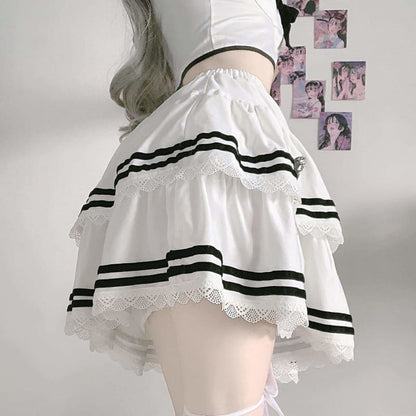 Kawaii Soft Girl Black Bow White Top Cross Butterfly Skirt 