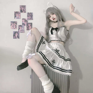 Kawaii Soft Girl Black Bow White Top Cross Butterfly Skirt 