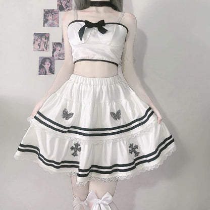 Kawaii Soft Girl Black Bow White Top Cross Butterfly Skirt 