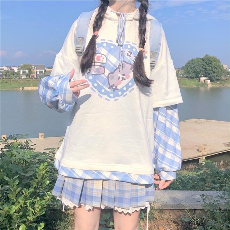 Kawaii Splicing Full Sleeve Cartoon Printed Hooded Pullover MK15408 - KawaiiMoriStore