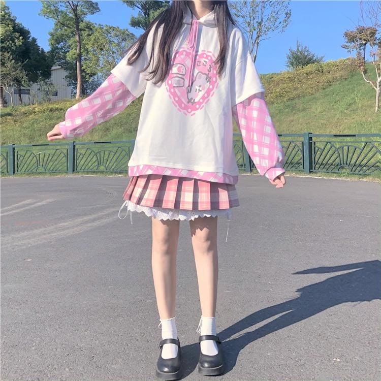 Kawaii Splicing Full Sleeve Cartoon Printed Hooded Pullover MK15408 - KawaiiMoriStore