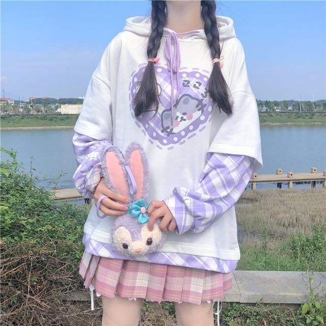 Kawaii Splicing Full Sleeve Cartoon Printed Hooded Pullover MK15408 - KawaiiMoriStore