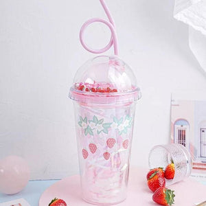 Kawaii Strawberry Cup With Lids And Straws MM1091 - KawaiiMoriStore