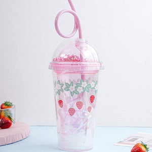 Kawaii Strawberry Cup With Lids And Straws MM1091 - KawaiiMoriStore