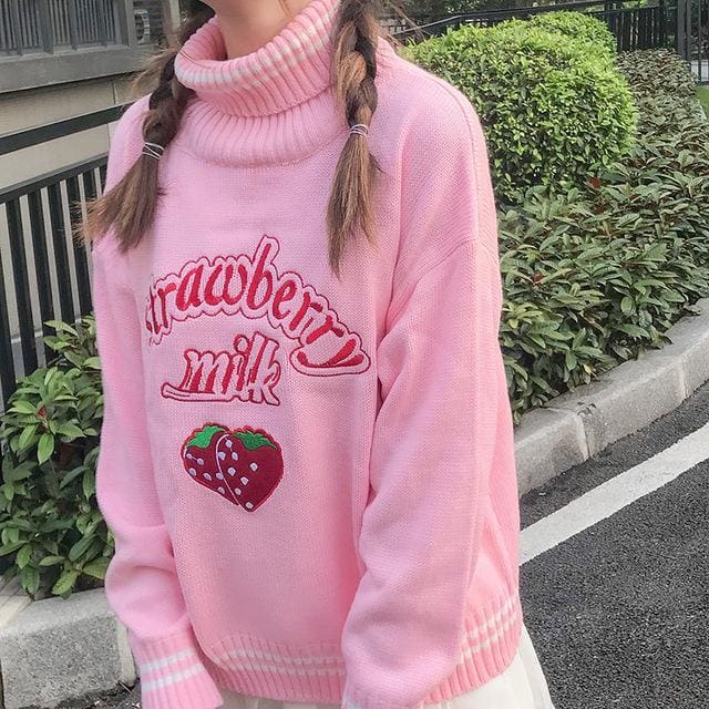 Kawaii Strawberry Milk Embroidered Sweater - Kawaii 