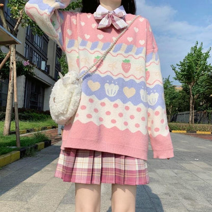 Kawaii Strawberry Printing Long Sleeve Knitting Sweater MK15362 - KawaiiMoriStore