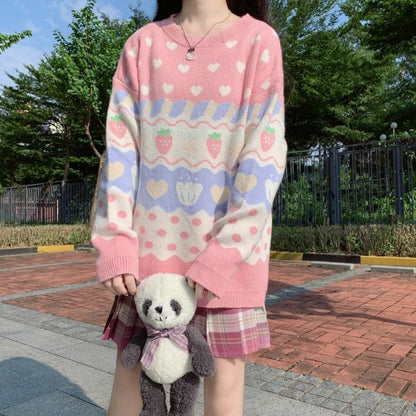 Kawaii Strawberry Printing Long Sleeve Knitting Sweater MK15362 - KawaiiMoriStore