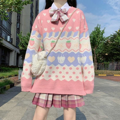 Kawaii Strawberry Printing Long Sleeve Knitting Sweater MK15362 - KawaiiMoriStore