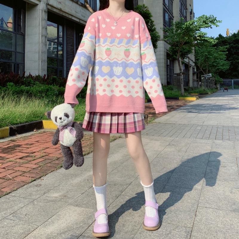 Kawaii Strawberry Printing Long Sleeve Knitting Sweater MK15362 - KawaiiMoriStore