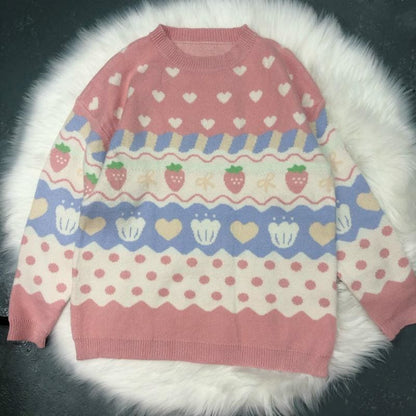 Kawaii Strawberry Printing Long Sleeve Knitting Sweater MK15362 - KawaiiMoriStore