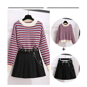 Kawaii Stripes Sweater Pullover Pleated Black Skirt Set 
