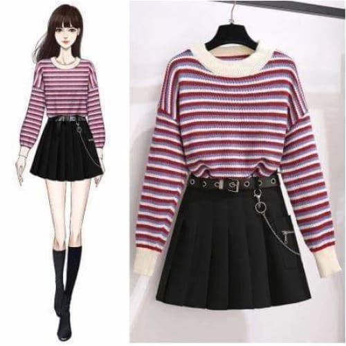 Kawaii Stripes Sweater Pullover Pleated Black Skirt Set 