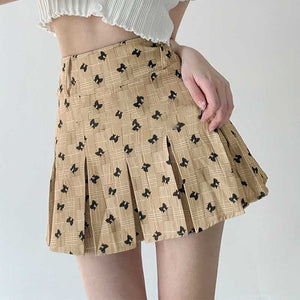 Khaki/Gray Vintage Butterfly Print High Waist Pleated Skirt MM1220 - KawaiiMoriStore