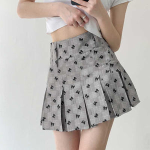 Khaki/Gray Vintage Butterfly Print High Waist Pleated Skirt MM1220 - KawaiiMoriStore
