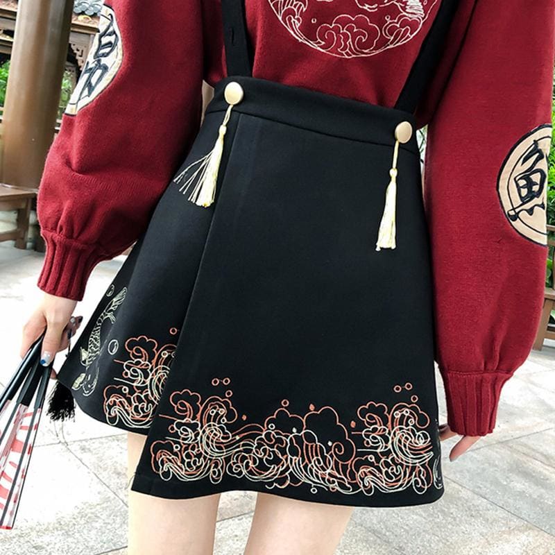 Koi Fish Embroidery Tassels A-line Overalls Skirt MK15696 - KawaiiMoriStore