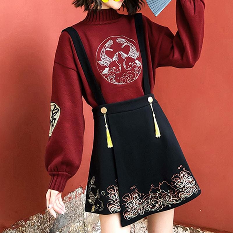 Koi Fish Embroidery Tassels A-line Overalls Skirt MK15696 - KawaiiMoriStore