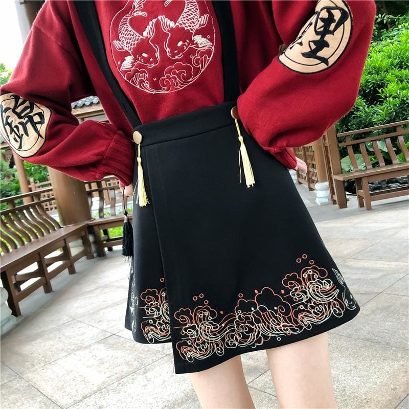 Koi Fish Embroidery Tassels A-line Overalls Skirt MK15696 - KawaiiMoriStore