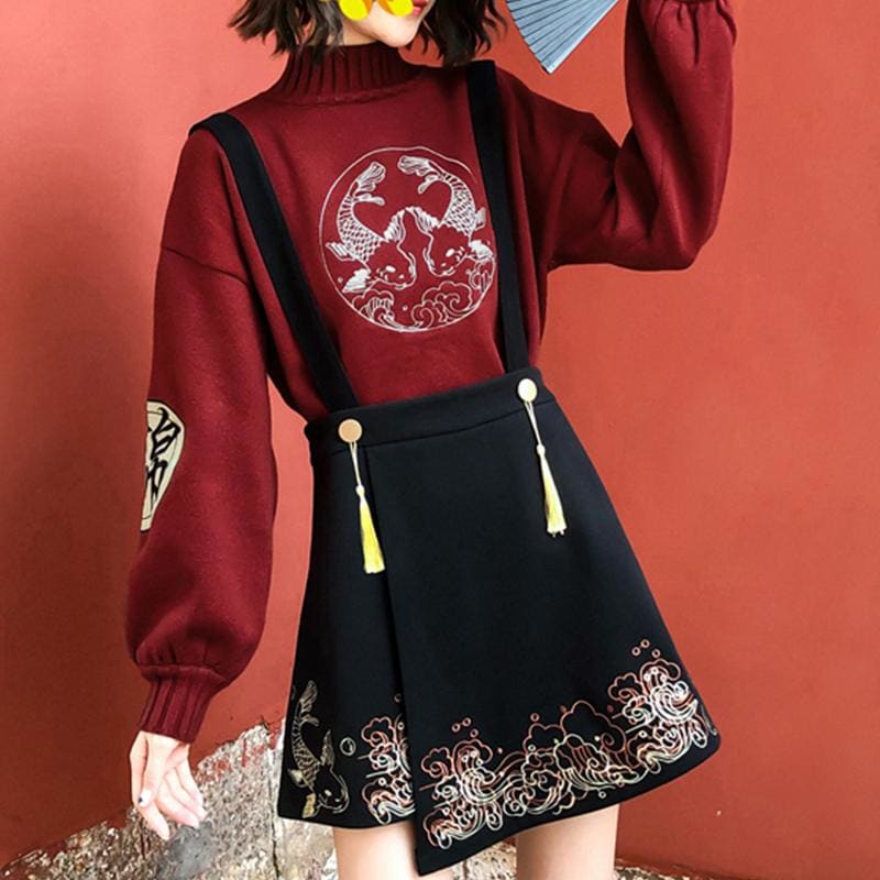 Koi Fish Embroidery Vintage Knitted Sweater MK15697 - KawaiiMoriStore