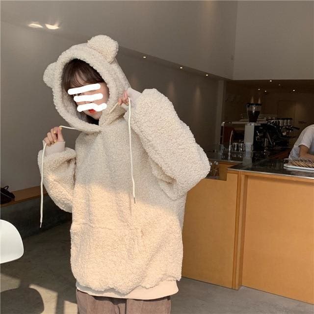 Korean Style Oversized Pocket  Bear Ear Hoodies Sweatshirt For Cute Girls MK15508 - KawaiiMoriStore