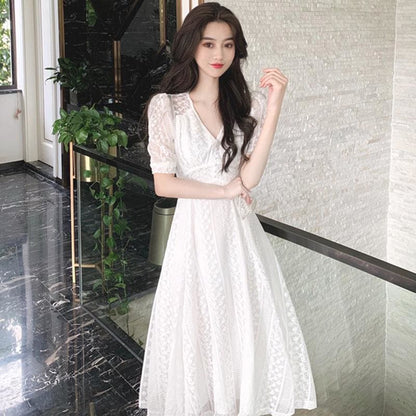 Lace Bubble Sleeve Midi Dress