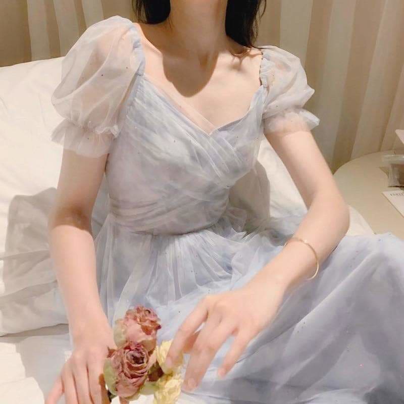 Lace Chiffon Fairy Dress Casual Puff Sleeve Cute Summer 