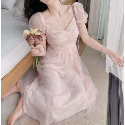 Lace Chiffon Fairy Dress Casual Puff Sleeve Cute Summer 