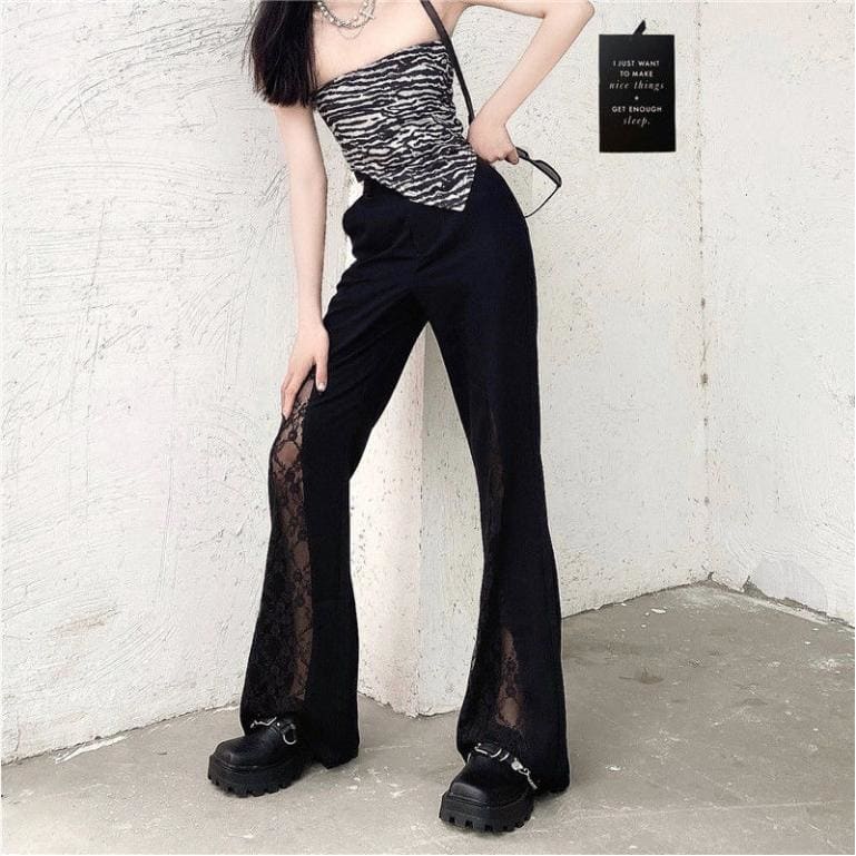 Lace cross stretch thin flared wide-leg pants - pants