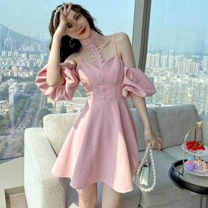 Lace Puff Sleeve Sling Mini Dress