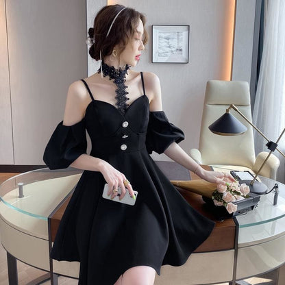 Lace Puff Sleeve Sling Mini Dress