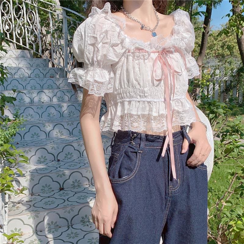 Lace & Ribbon Kawaii Princess Lolita Crop Top - One Size 