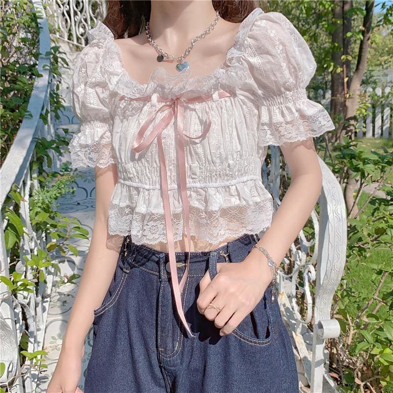 Lace & Ribbon Kawaii Princess Lolita Crop Top - One Size 