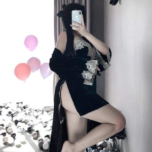 Sexy Lace-trimmed Velvet Pajamas Suspender Nightdress MM0609 - KawaiiMoriStore