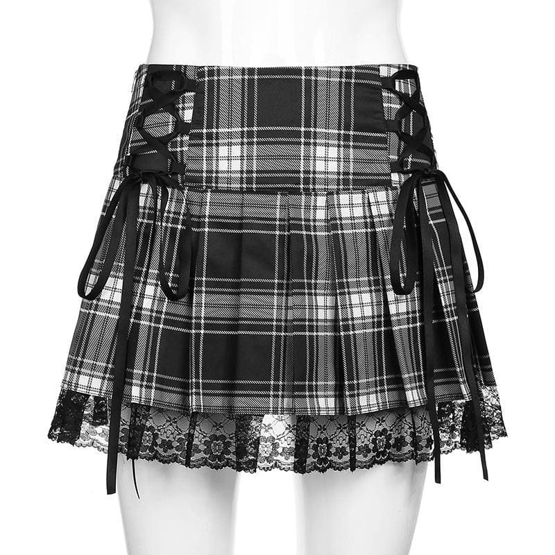 Lace Up Goth Y2K Pink Stripe Plaid Lace Trim Pleated Skirt MK282 - KawaiiMoriStore