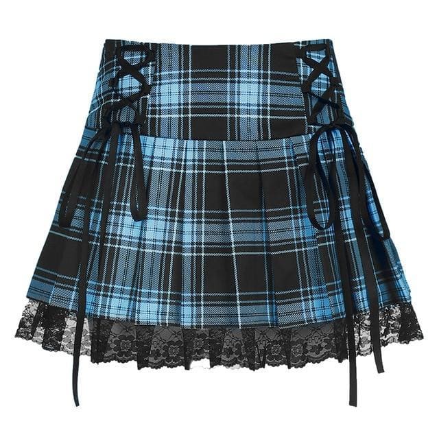 Lace Up Goth Y2K Pink Stripe Plaid Lace Trim Pleated Skirt MK282 - KawaiiMoriStore