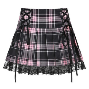 Lace Up Goth Y2K Pink Stripe Plaid Lace Trim Pleated Skirt MK282 - KawaiiMoriStore
