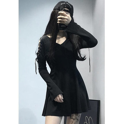 Lace Up V Neck High Waist Dress MK14922 - KawaiiMoriStore