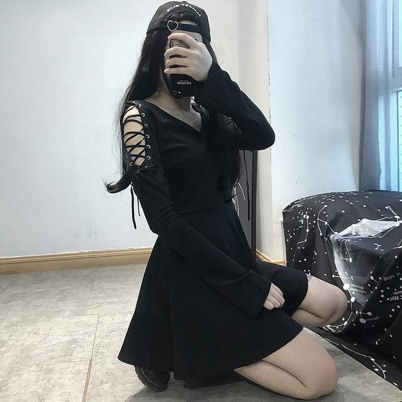 Lace Up V Neck High Waist Dress MK14922 - KawaiiMoriStore