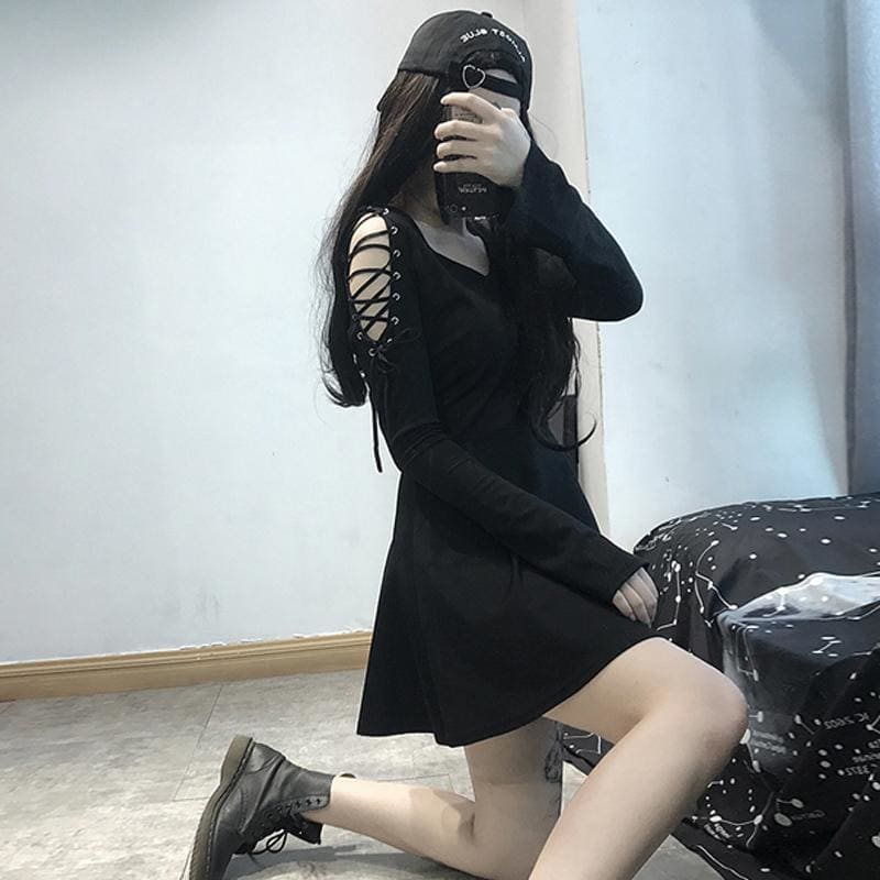 Lace Up V Neck High Waist Dress MK14922 - KawaiiMoriStore