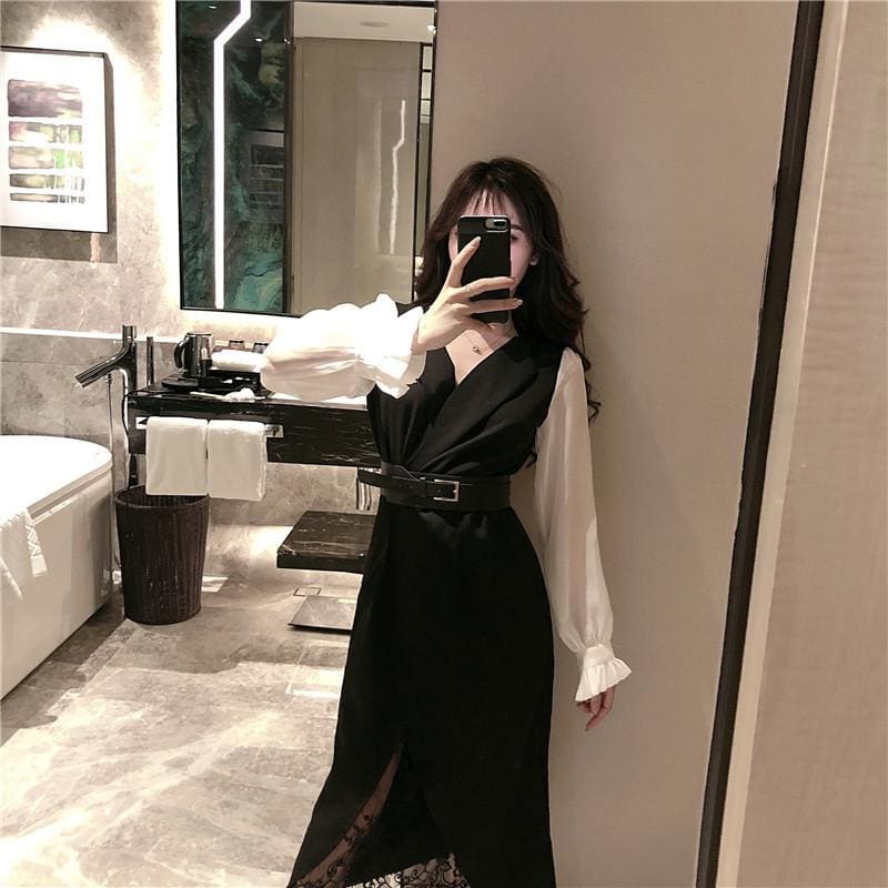 Ladies Business Suit Lace Long T-shirt A Set MK0427 - KawaiiMoriStore