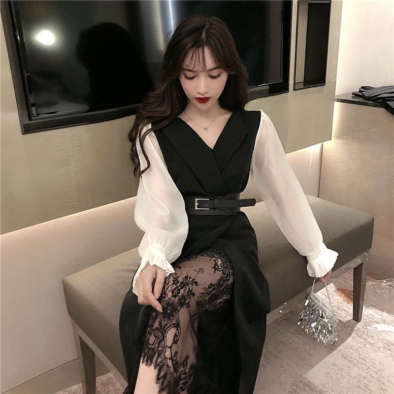 Ladies Business Suit Lace Long T-shirt A Set MK0427 - KawaiiMoriStore